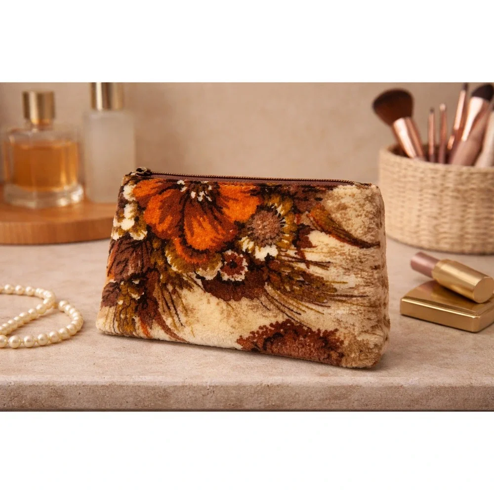 Vtg Velvet Floral‎ Clutch Bag Orange Brown Retro 70s Zipper Pouch Cosmetic Bag
